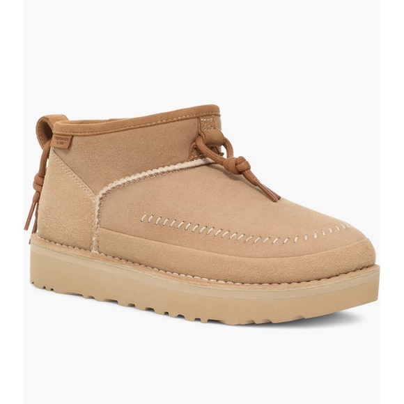 UGG Ultra Mini Tan Regenerate Leather & Shearling boots M6 W7 $190 ret NWT & Box - Picture 3 of 9